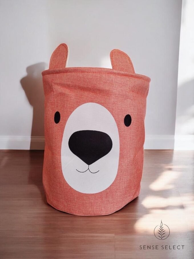 Multipurpose Pink Cotton Storage Basket with Bear Print