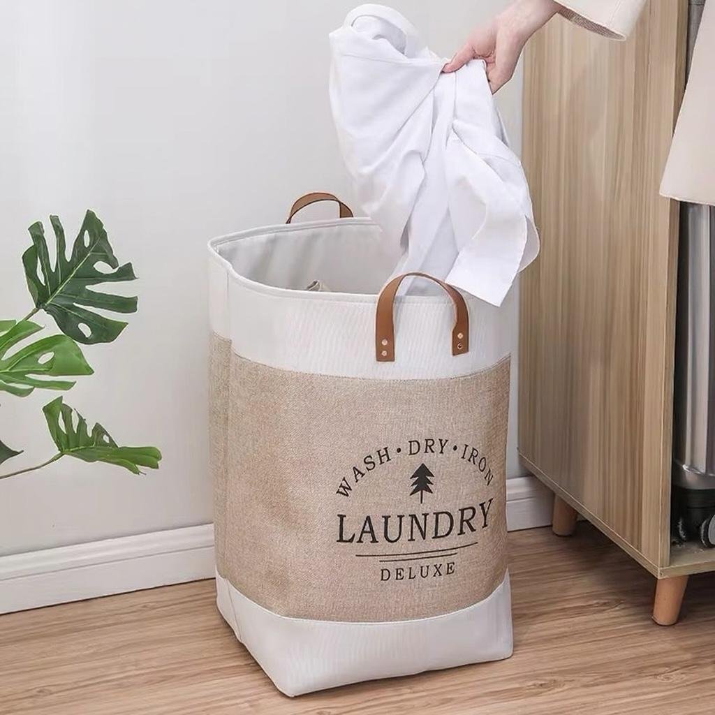 Foldable Cotton Storage Hamper Basket with Leather Handle - Large