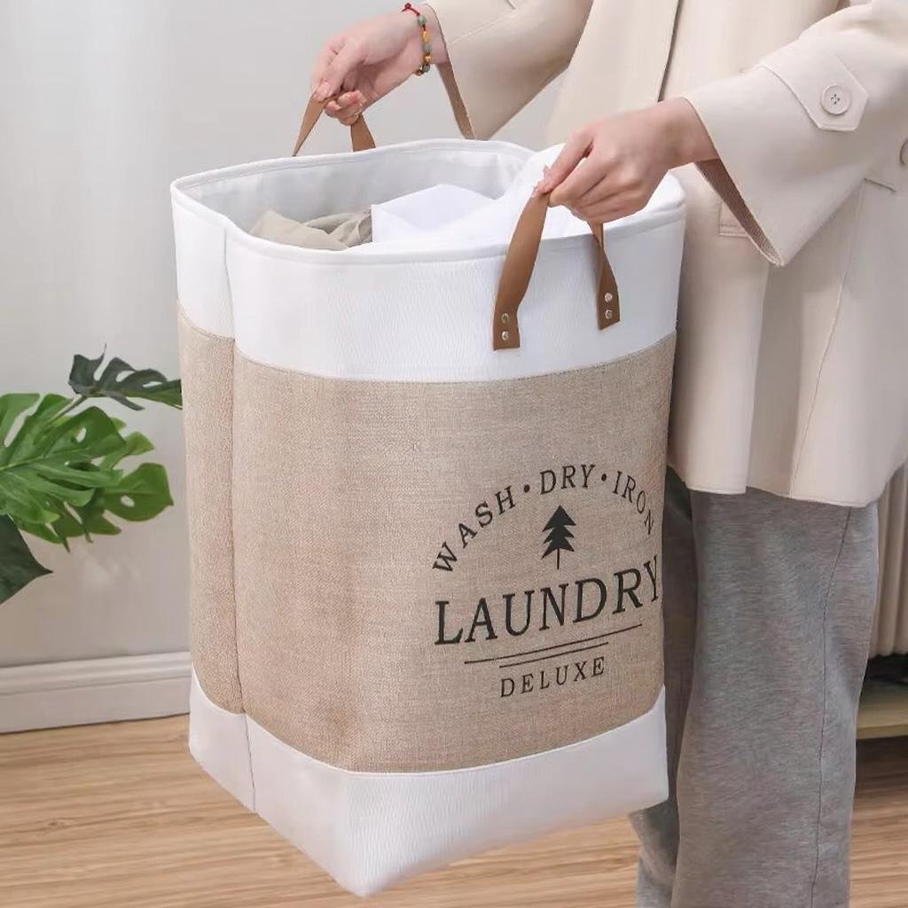 Foldable Cotton Storage Hamper Basket with Leather Handle - Large