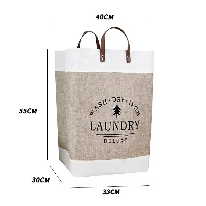 Foldable Cotton Storage Hamper Basket with Leather Handle - Large